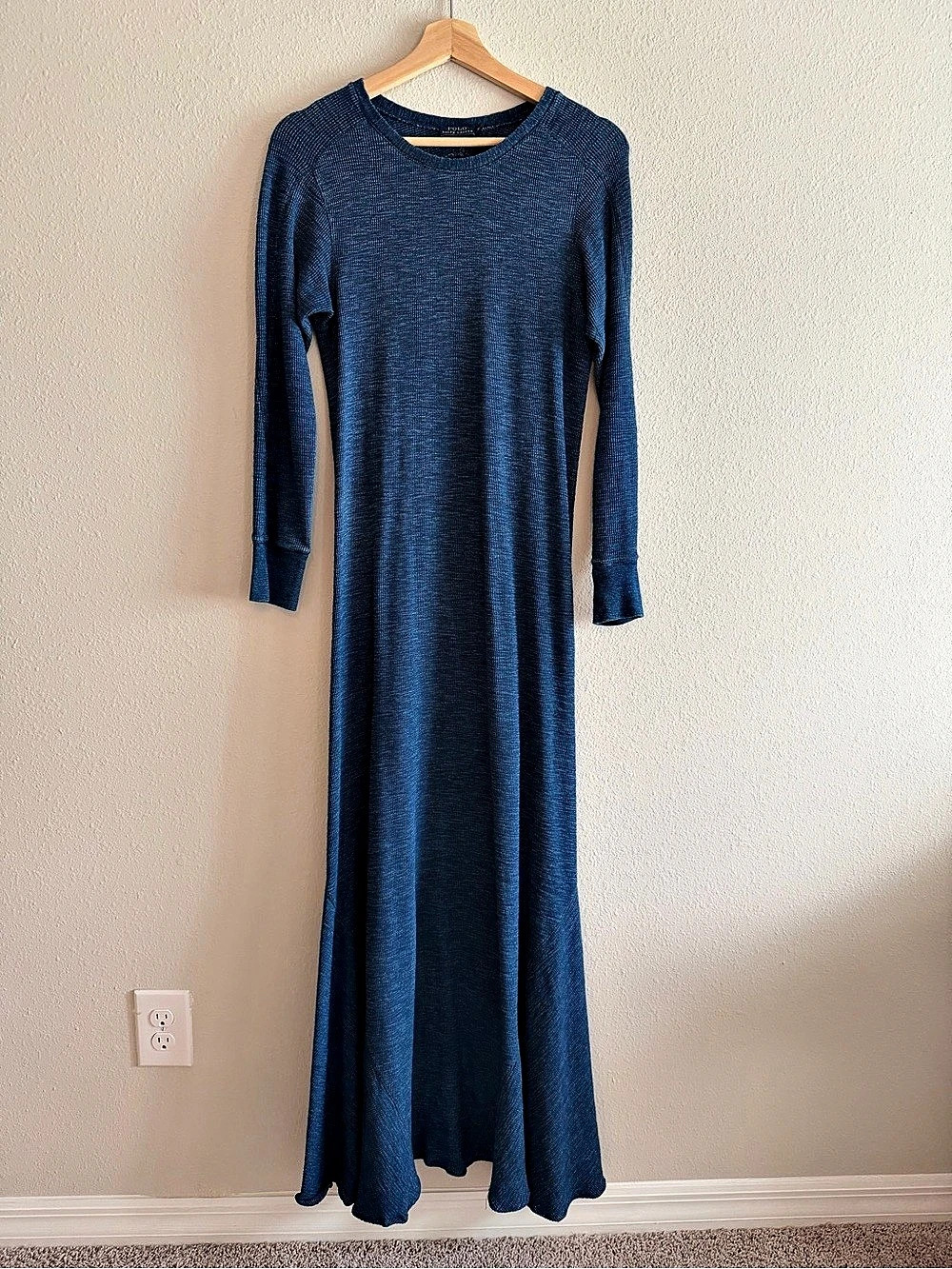 Polo Ralph Lauren Waffle-Knit Cotton Dress Blue Long Sleeve Maxi Medium